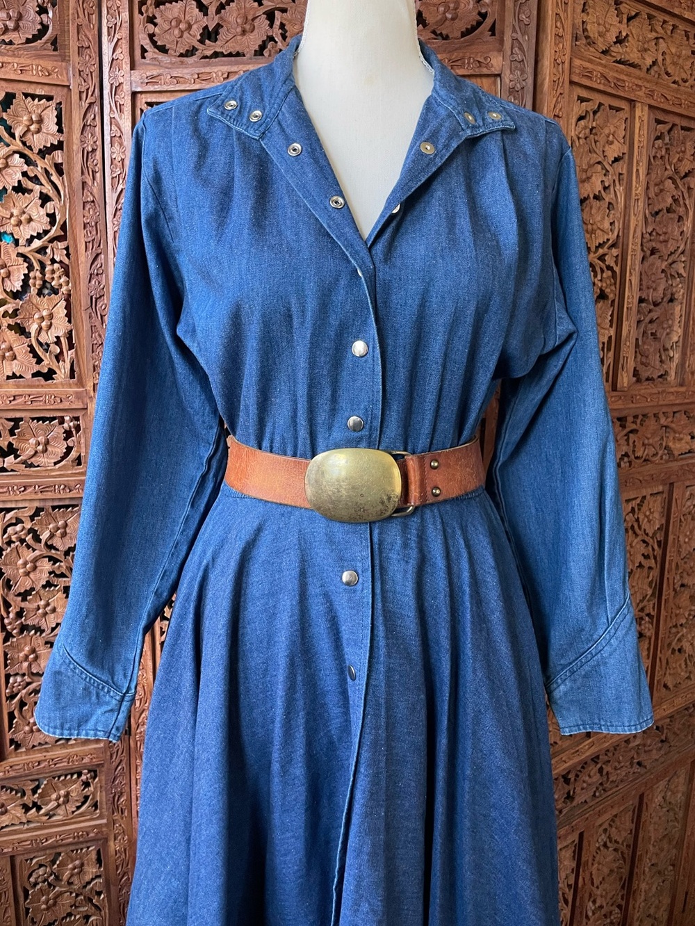 American Vintage Western Denim Jean Button-Front Midi Maxi Dress - Picture 3 of 16